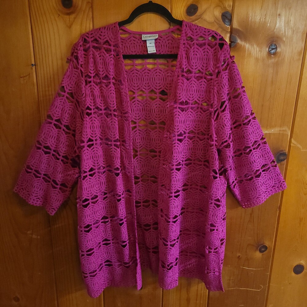 Catherines Crochet Cardigan 2X Magenta Open Front Sweater plus size